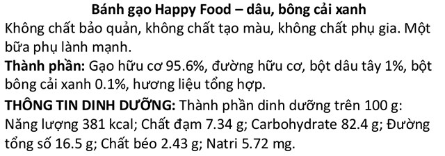 Thành phần bánh gạo bi tan ăn dặm Happy Food Organic vị dâu, bông cải xanh