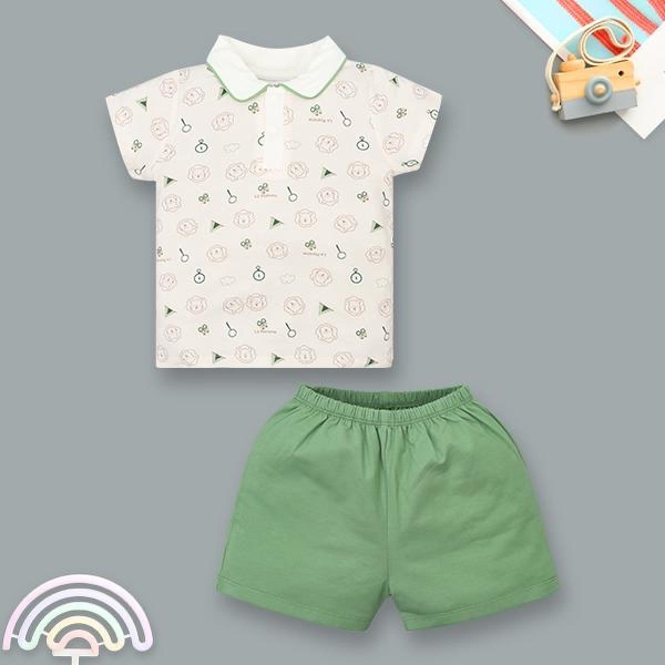 Bộ tay ngắn bé trai La Pomme cổ polo khám phá rừng xanh màu be - AVAKids.com