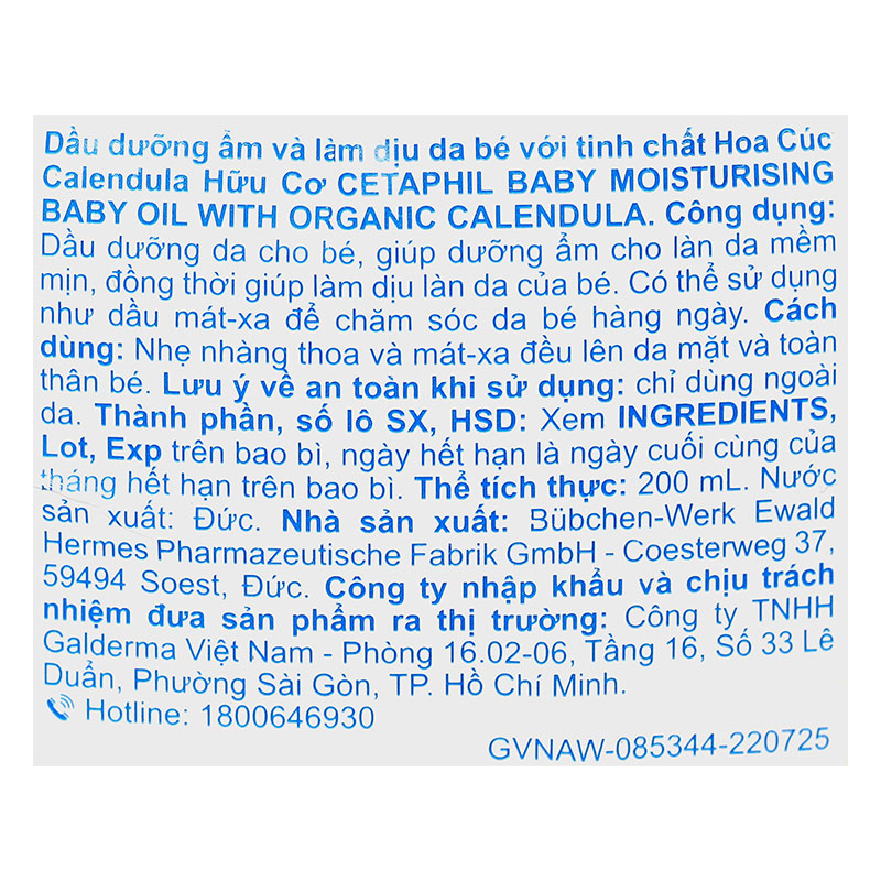 Dầu massage dưỡng ẩm cho bé chiết xuất hoa cúc Cetaphil Baby Moisturising Baby Oil 200 ml 5