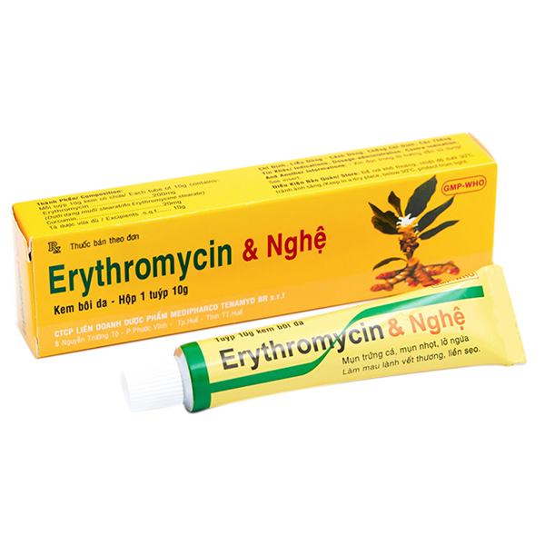 Kem bôi da Erythromycin & Nghệ điều trị mụn nhọt, làm lành vết thương và liền sẹo