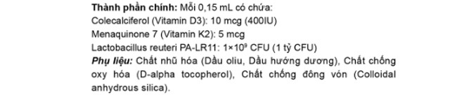 Thành phần Henry Blooms D3K2 With Probiotic hỗ trợ xương, răng chắc khỏe