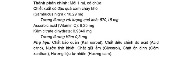 Thành phần Henry Blooms Kids Liquid Cold And Flu With Elderberry hỗ trợ giảm ho, sổ mũi