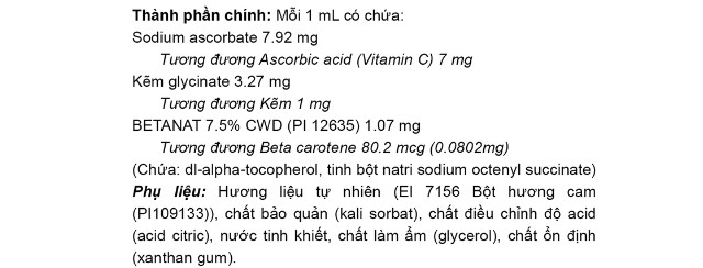 Thành phần Henry Blooms Kids Liquid Zinc With Vitamin C hỗ trợ sức đề kháng