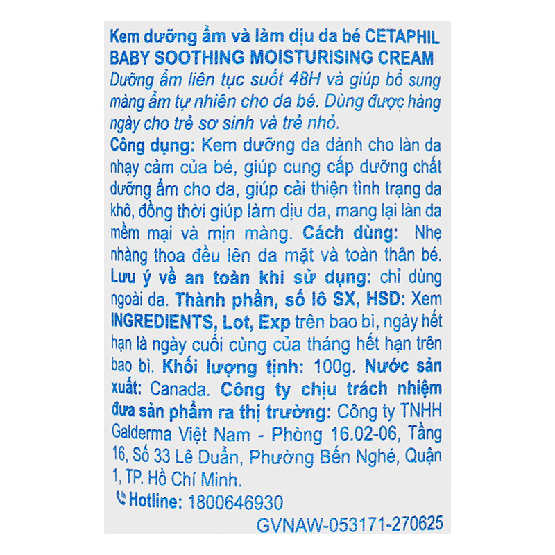 Kem dưỡng ẩm và làm dịu da cho bé Cetaphil Baby Soothing Moisturising Cream 100g 5