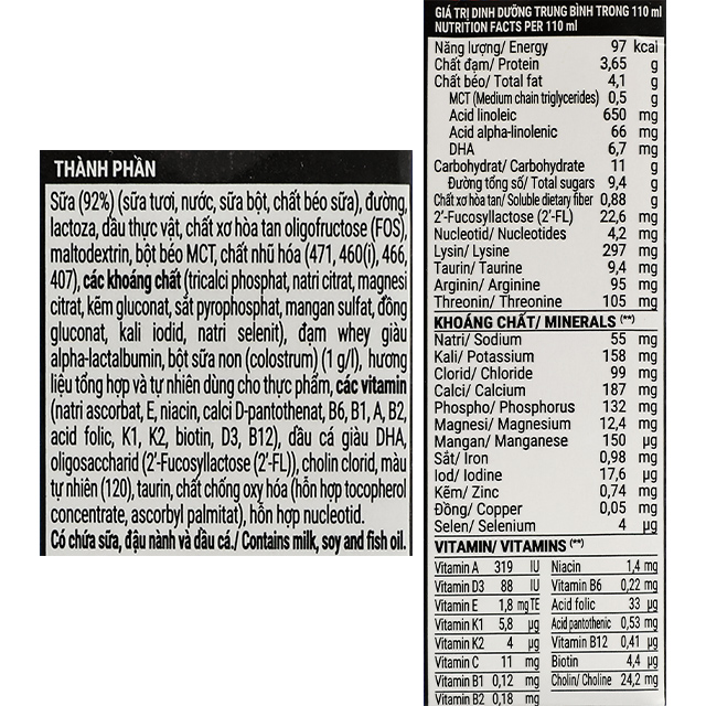 Lốc 4 hộp sữa non pha sẵn Dielac Grow Plus hương dâu 110 ml - Thành phần