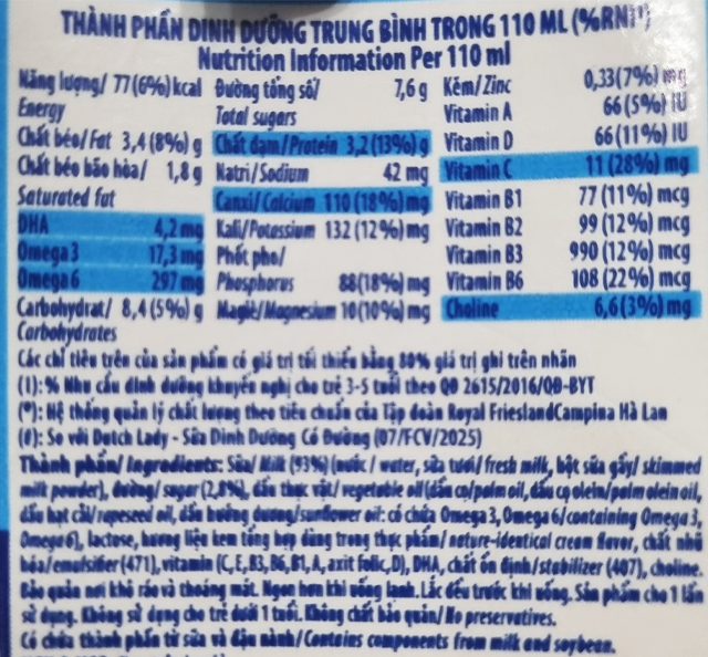 Thành phần của lốc 4 hộp sữa tươi Dutch Lady OmegaSmart ít đường