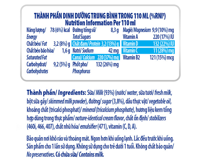 Thành phần của Lốc 4 hộp sữa tươi tiệt trùng Dutch Lady cao khỏe có đường 110 ml (từ 1 tuổi)