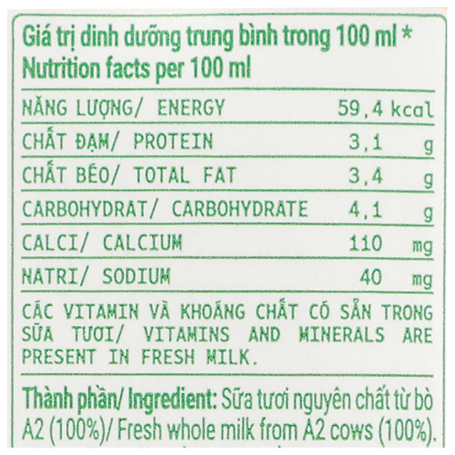 Lốc 4 hộp sữa tươi tiệt trùng Vinamilk Green Farm A2 - Thành phần