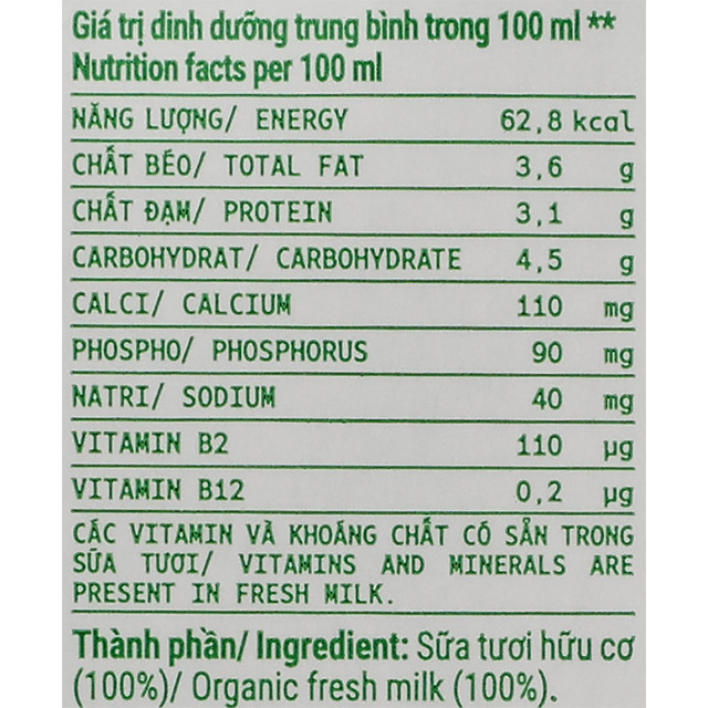 Lốc 4 hộp sữa tươi tiệt trùng Vinamilk Green Farm không đường 180 ml - Thành phần