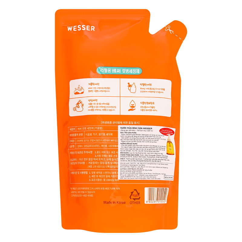 Nước rửa bình sữa Wesser chai 500 ml hương bưởi - Giao bao bì ngẫu nhiên 10