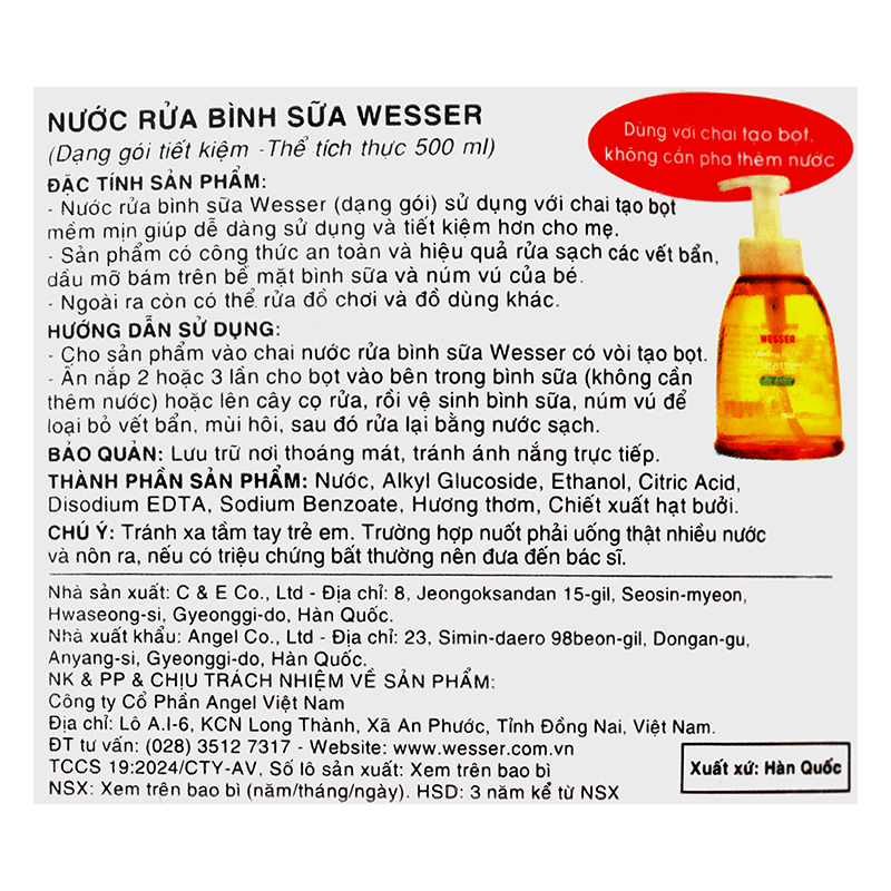 Nước rửa bình sữa Wesser chai 500 ml hương bưởi - Giao bao bì ngẫu nhiên 13