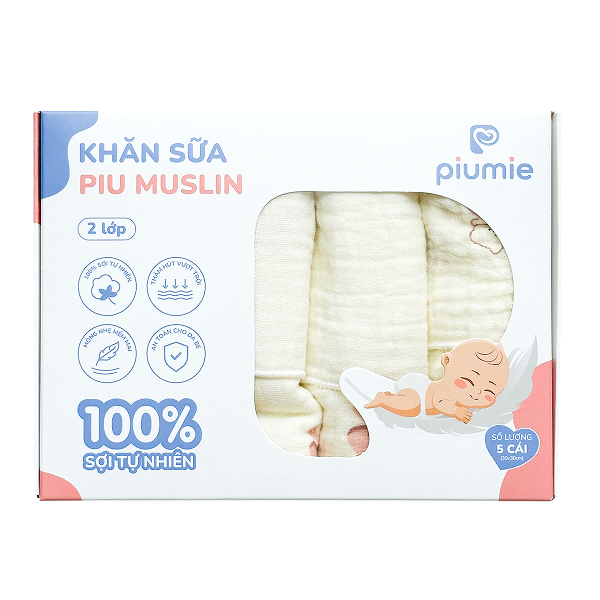 Set 5 khăn sữa muslin Piumie 2 lớp 30x30 cm - Cá heo - AVAKids.com