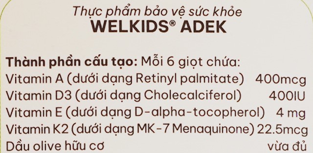 Thực phẩm bảo vệ sức khỏe Welkids Adek D3K2 hỗ trợ tăng sức đề kháng - Thành phần