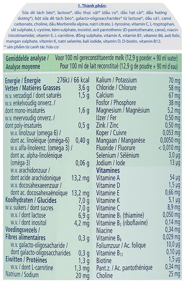 Thành phần của Sữa bột HiPP Organic số 1 (sữa dê)