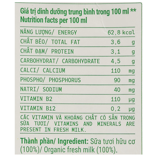 Sữa tươi tiệt trùng Green Farm Organic không đường 1 lít - Thành phần