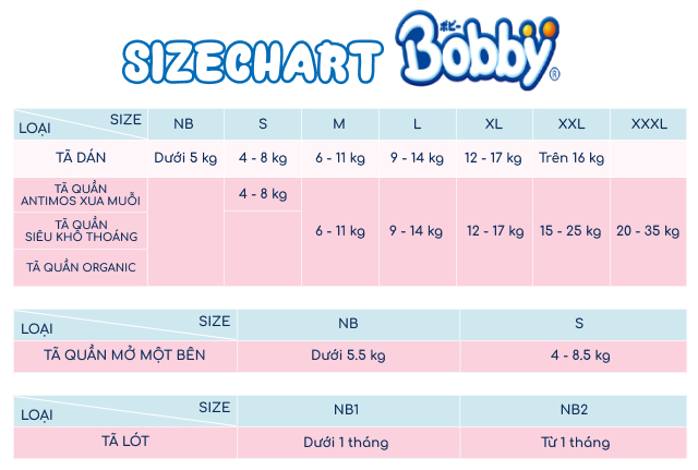 Tã dán Bobby size L - Sizechart