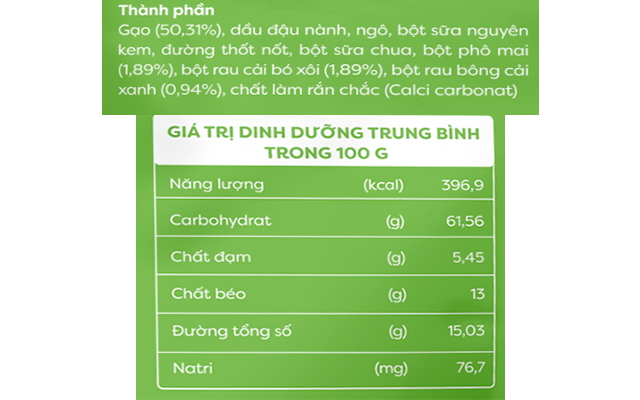 Bánh gạo ăn dặm ANPASO vị phô mai rau xanh 30g (từ 7 tháng) - Thành phần