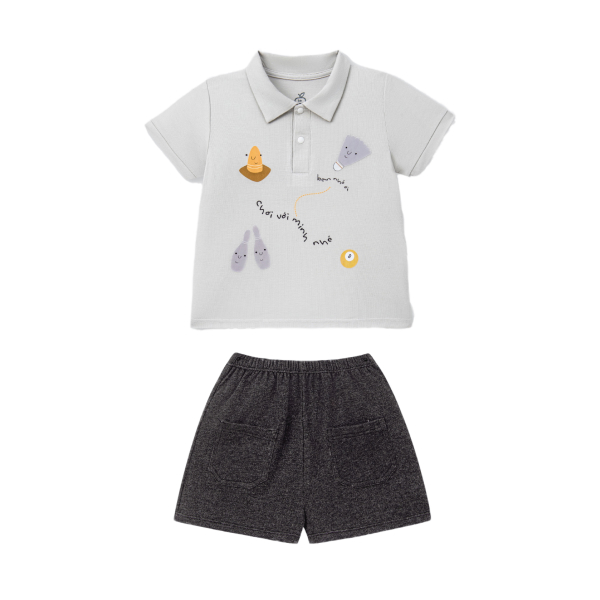 Bộ tay ngắn bé trai La Pomme cổ polo chơi cùng mình nhé màu xám - AVAKids.com