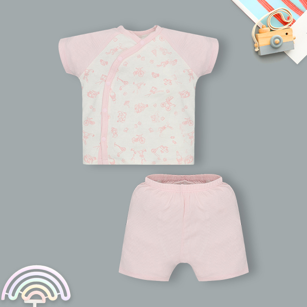 Bộ tay ngắn bé gái cài lệch Lullaby NH652C màu trắng in hồng - AVAKids.com