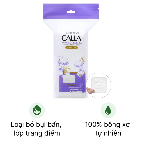Bông tẩy trang Calla mềm mịn dạng vuông lớn gói 100 miếng