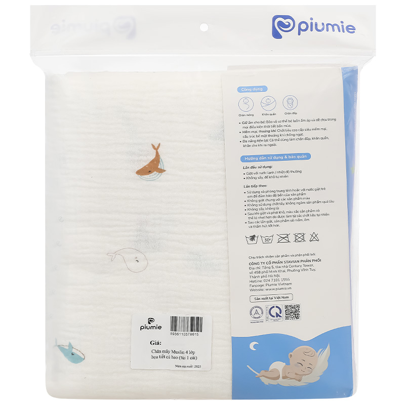 Chăn mây muslin Piumie 4 lớp 100x100 cm - Cá heo (từ 0 tháng) 8