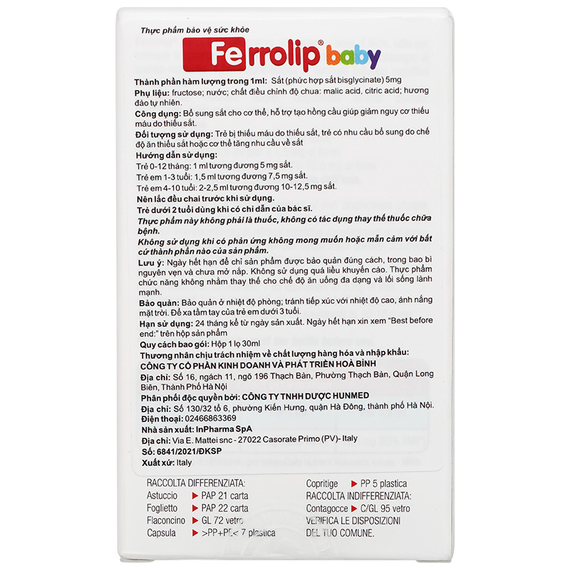 Combo 3 siro Ferrolip Baby bổ sung sắt, hỗ trợ tạo hồng cầu hương đào, 30 ml dạng nhỏ giọt (từ 0 tháng) 18