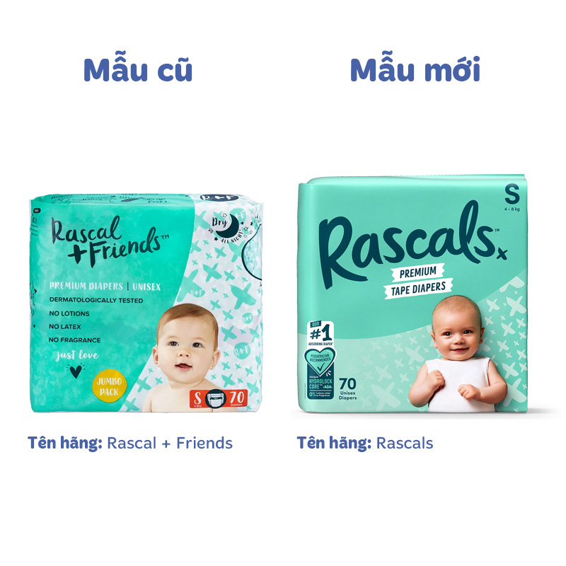 Combo 2 tã dán Rascals size S 70 miếng/bịch (4 - 8 kg) - Giao bao bì ngẫu nhiên 30
