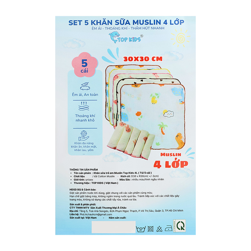 Set 5 cái khăn sữa cotton TOP KIDS 4 lớp 30x30 cm - Màu ngẫu nhiên 21