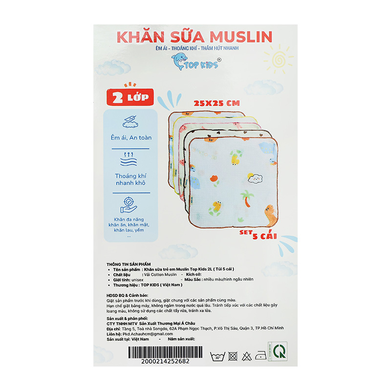 Set 5 cái khăn sữa cotton TOP KIDS 2 lớp 25x25 cm - Hoạ tiết ngẫu nhiên 21