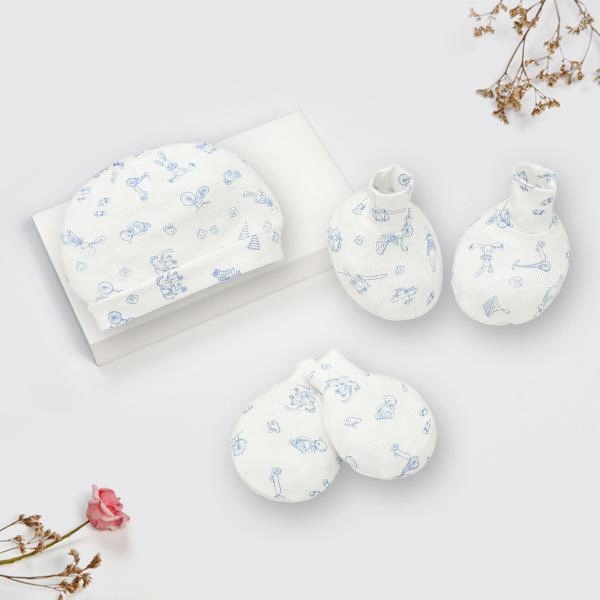 Set nón, bao tay bao chân Lullaby bamboo trắng in xanh