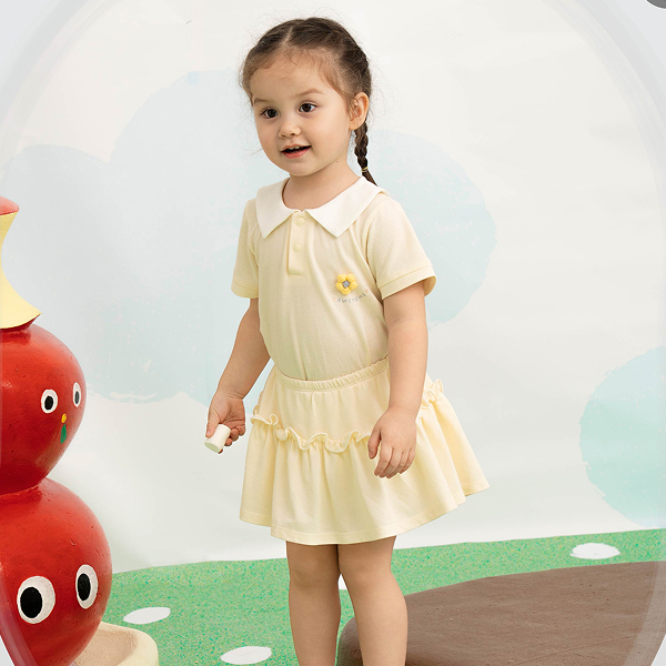 Set váy bé gái La Pomme nhún li cách điệu màu vàng nhạt - AVAKids.com