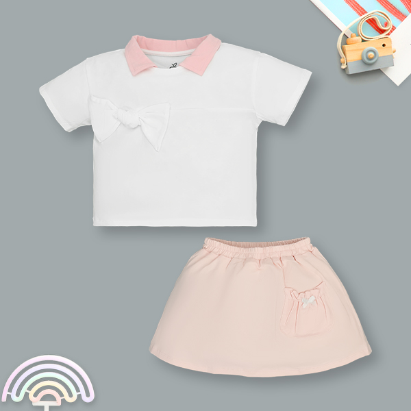 Set váy bé gái La Pomme cổ cách điệu phối nơ ngọt ngào màu trắng hồng - AVAKids.com