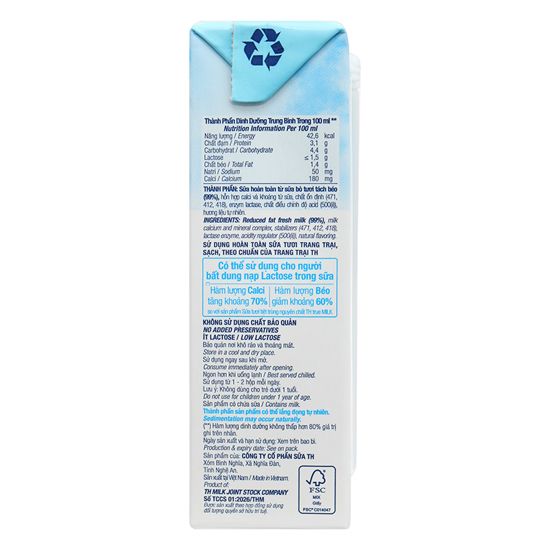 Thùng 48 hộp sữa tươi tiệt trùng TH true MILK Hilo không đường 180 ml (từ 1 tuổi) 26