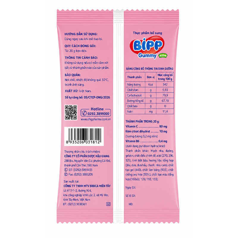 Kẹo dẻo Bipp Gummy Active bổ sung vitamin C, kẽm và B6 tăng cường sức đề kháng hương trái cây, 20g dạng gói 3