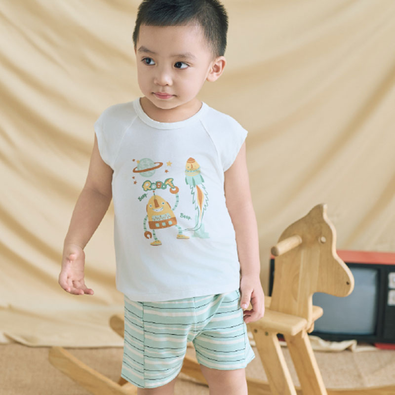 Bộ sát nách bé trai bamboo Lullaby NH721C màu trắng - xanh 4