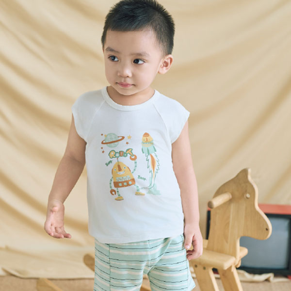 Bộ sát nách bé trai bamboo Lullaby NH721C màu trắng - xanh - AVAKids.com