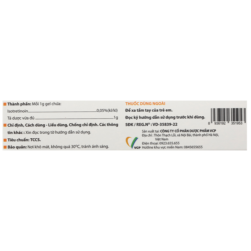 Kem bôi Isotrin 0,05% VCP điều trị mụn trứng cá tuýp 15g - 9
