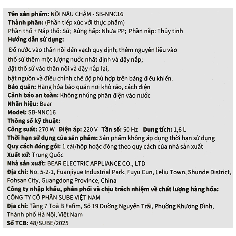 Nồi nấu chậm Bear 1.6 lít SB-NNC16 10