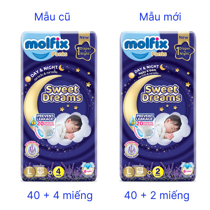 Tã quần Molfix Sweet Dreams size L 40 + 4/+2 miếng (9 - 14 kg) - Giao bao bì cộng miếng ngẫu nhiên 2