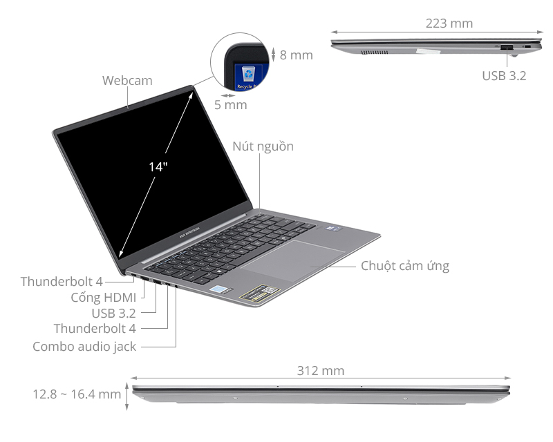 Laptop Asus ExpertBook P5 P5405CSA - NZ1368W (Ultra 5 226V, 16GB, 512GB, WQXGA 144Hz, Win11)