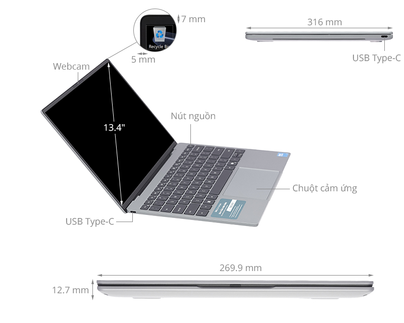 Laptop Dell XPS 13 DX13260 - DX3C5376W1-2Y (Core 5 320, 16GB, 512GB, 13.4 inch 120Hz, Cảm ứng, OfficeH24+365B+Win11)
