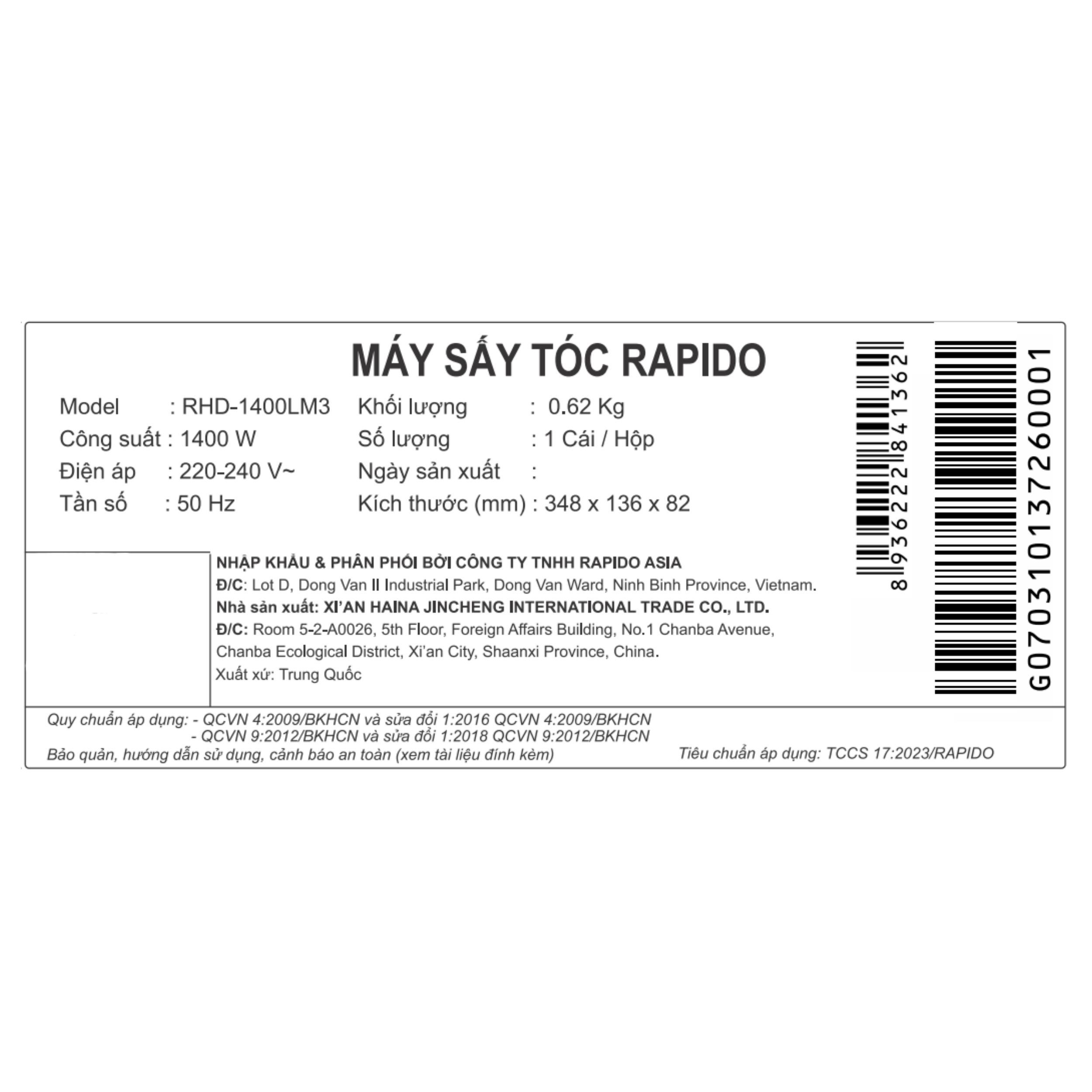 Máy sấy tóc Rapido RHD-1400LM3
