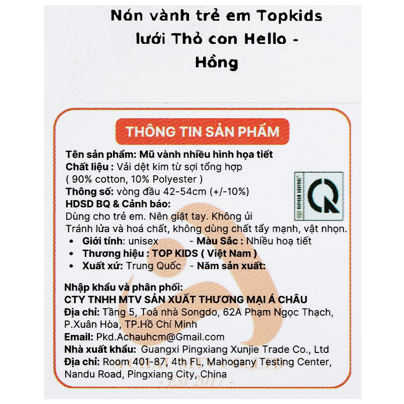 Nón vành cho bé TOP KIDS lưới thỏ con hello màu hồng 8