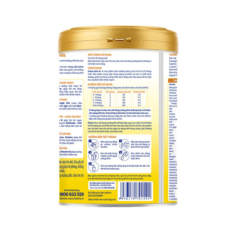 Sữa bột Colos Gain 0+ (sữa non) hương vani 800g (0 - 12 tháng) - Giao ngẫu nhiên 6