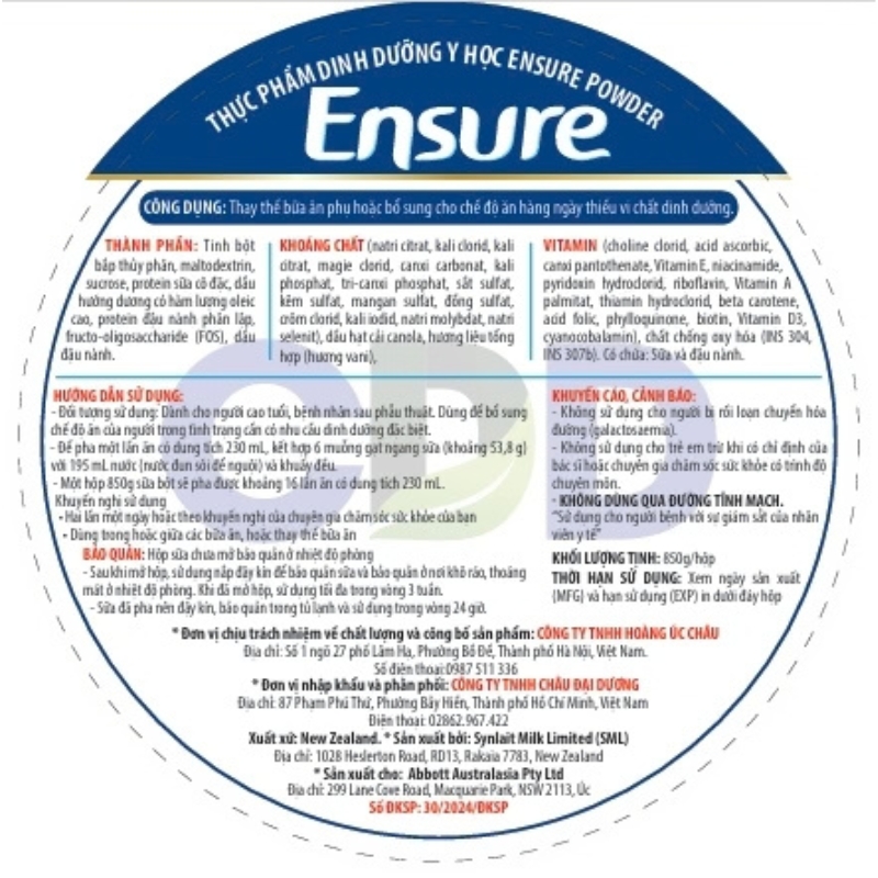 Sữa bột người lớn Abbott Ensure Powder Úc hương Vani 850g 5