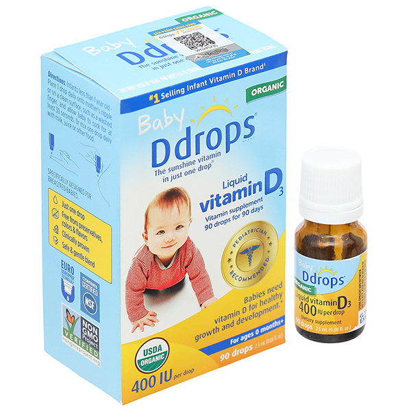 Baby ddrops 400iu bổ sung vitamin D3 hỗ trợ hấp thu Calci, duy trì sức khỏe của xương, răng