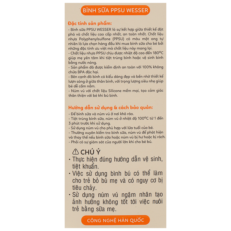 Bình sữa nhựa PPSU Wesser TBSWPP140 cổ hẹp 140 ml (0 - 3 tháng) - Giao bao bì ngẫu nhiên 10
