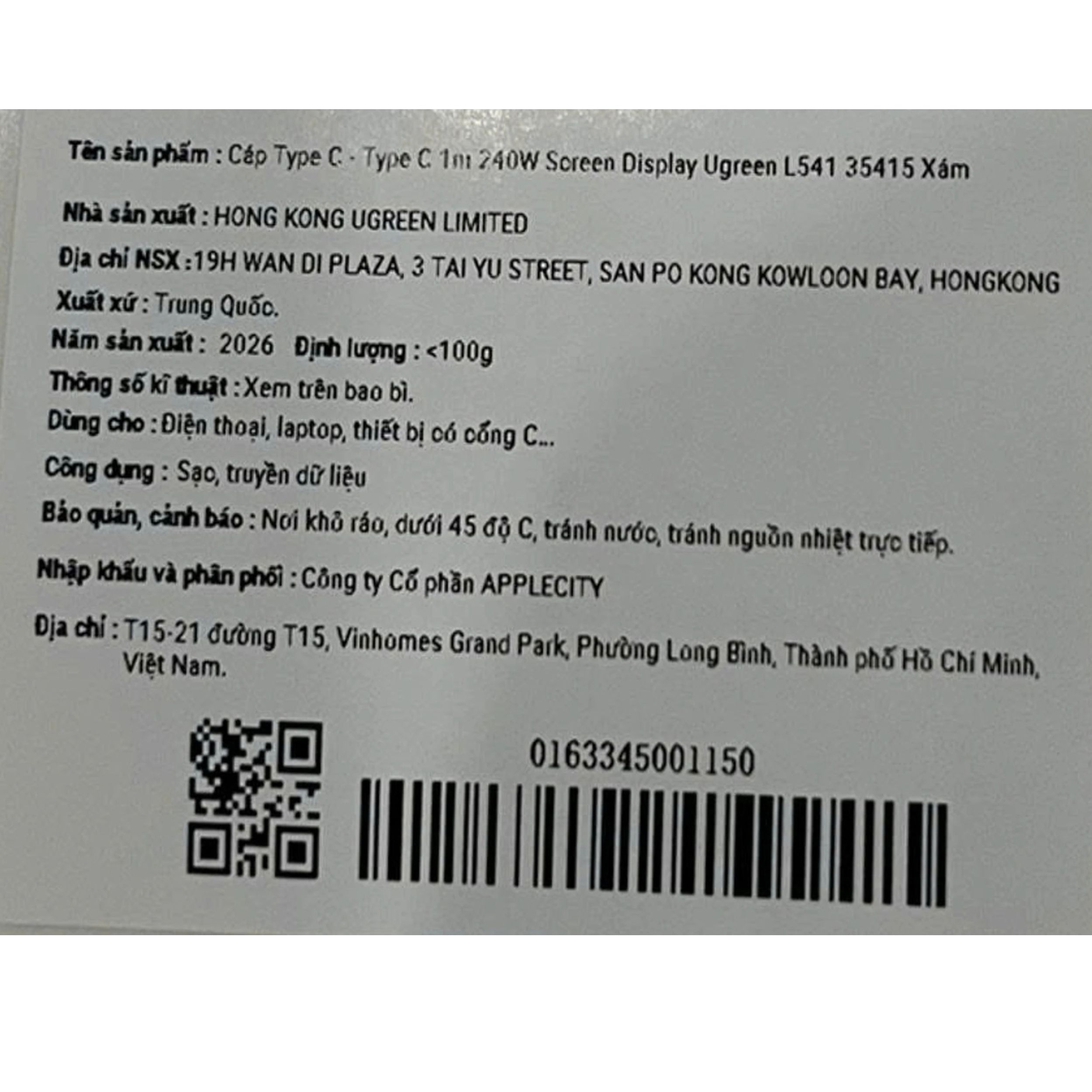 Cáp sạc nhanh Type C - Type C 1m 240W Screen Display Ugreen 35415 - 20