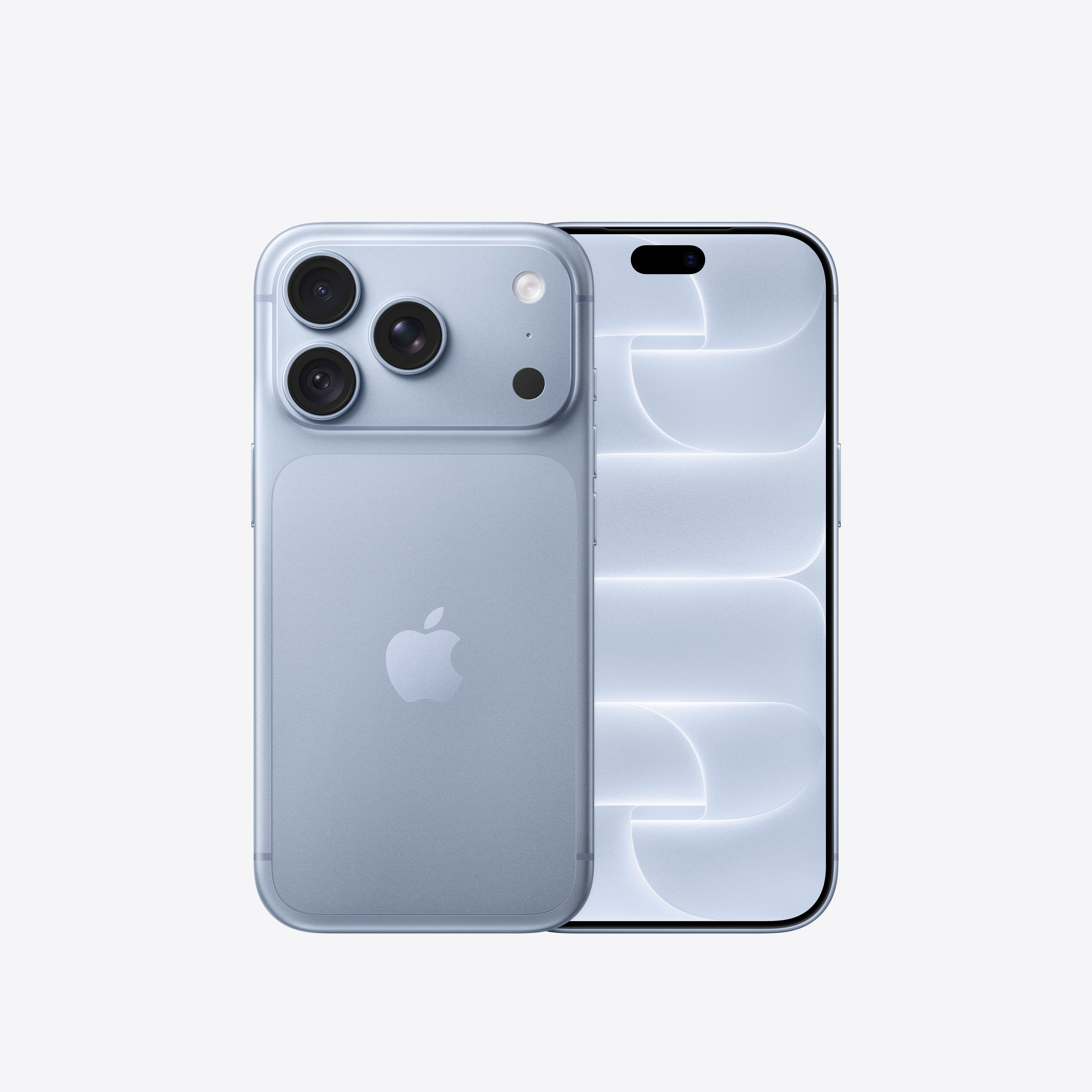 iPhone 18 Pro - mặt trước và mặt sau (Nguồn: Apple.com) Mặt trước và mặt sau iPhone 18 Pro màu Băng Thanh với cụm camera Pro ba ống kính. Ảnh: Apple