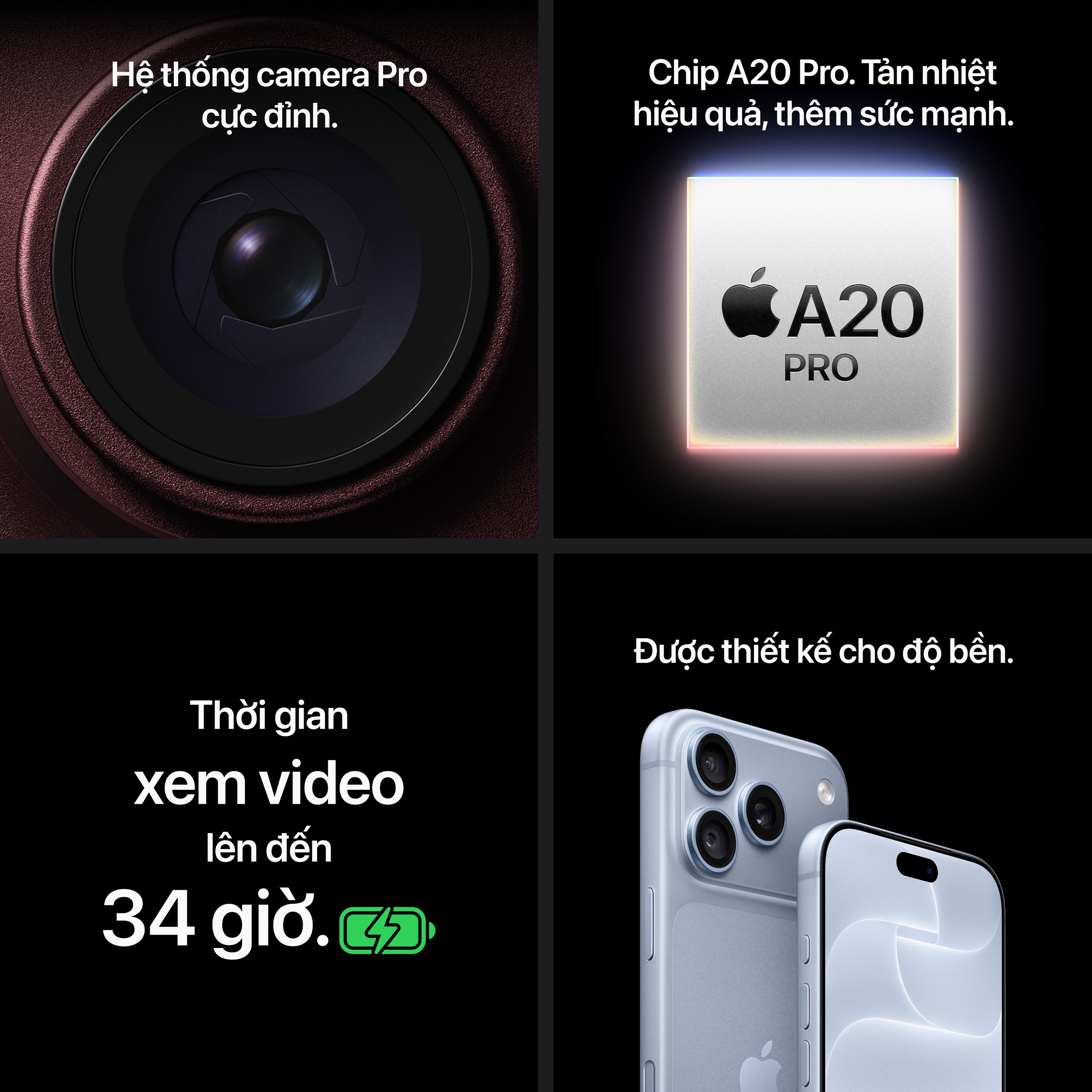 iPhone 18 Pro - điểm nổi bật (Nguồn: Apple.com) iPhone 18 Pro nổi bật với hệ thống camera Pro, chip A20 Pro, pin xem video đến 34 giờ và thiết kế bền bỉ. Ảnh: Apple